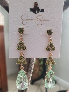 Jessica Simpson Gold-Tone Light Green Drop Crystal Earrings